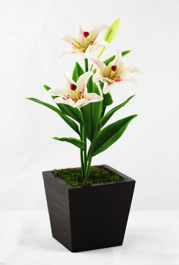 Real Touch Stargazer Lily Spay in Potted Artificial Flowers Handmade From Clay 7" (Rubrum Pink)