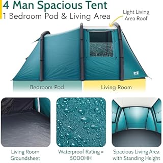 Trail Brazen Inflatable 4 Man Air Tent with Living Area, Family Camping Tunnel Tent, 5000mm Waterproof, Dark Zone Bedroom, Safety Purge Pump and Bag (L455cm x W270cm x H195cm)