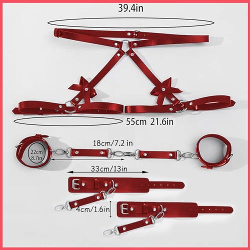 SUPKTHDY Punk Harness Damen Leder Strumpfband Gürtel mit Handschellen Geschirr Damen Sexy Körper Harness Taille Bein Leder Sex Bondage Handschellen Fesseln Sex Set Nachtclub Rave Kostüm Cosplay Rot