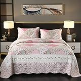 3-Piece Comforter Set, Floral Patchwork Bedspread Quilt Set Pink Queen Size
