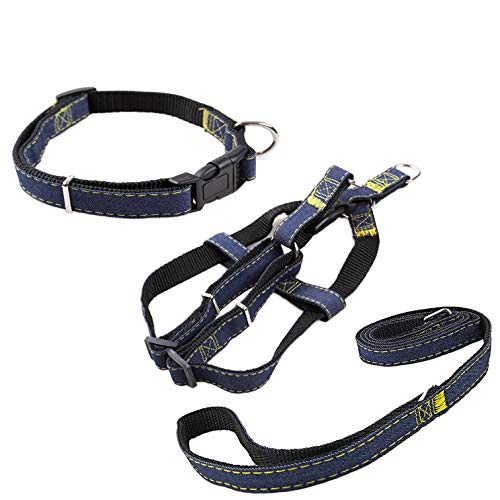 Newtensina Mode Hundegeschirr Halsband und Leine Set Bequemer Jeansstoff Welpengeschirr Kragen mit Leine für Hunde - Black - M