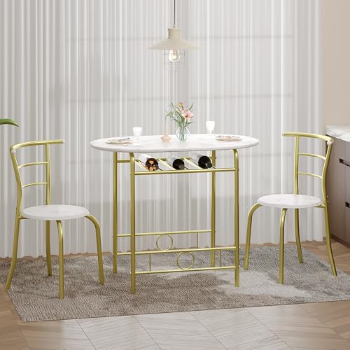 Image of VECELO 3-Piece Dining Table Set for Kitchen Breakfast Nook, Wood Grain Oval Tabletop and Metal Frame with Built-in Wine Rack, for Small Spaces, White & Gold