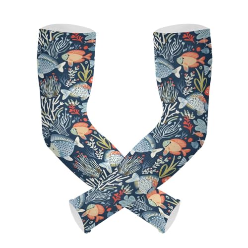 ALAZA Ocean Fish Navy Blue Gardening Sleeves Cooling Arm Sleeves Sun Protection Thumb Hole Arm Covers for Women Men