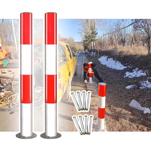 GHHVFEC 2x Safety Bollards with 8 Screws Reflective Traffic Posts with Base Steel Bers for Driveways & Sensitive Areas (THK2MM H75xB7.6cm)
