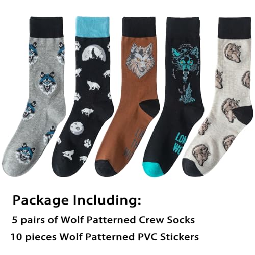 Image of 5 Pairs Cute Animal Crew Socks Fun Casual Cotton Calf Socks for Women (US, Alpha, One Size, Regular, Regular, Wolf)