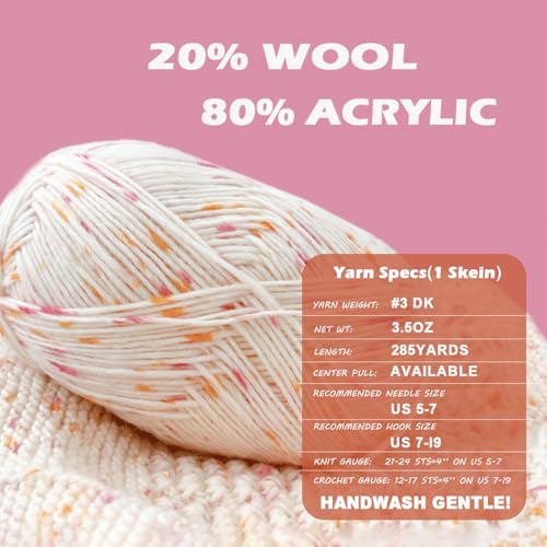 Image of 2 Pack Wool Blend Yarn, 2x3.5oz / 285yds, #3 DK, 20% Wool 80% Acrylic, Variegated, Single-Ply Soft Crochet & Knitting Wool Yarn for Sweaters, Scarves, Hats (Blushing Ivory)