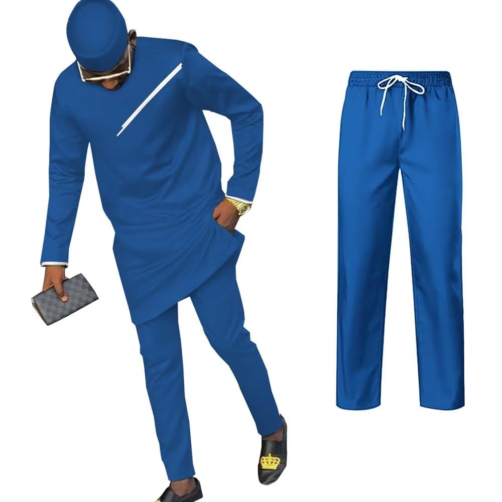 UOUNUTAfrican Shirts and Pant Sets with Hats Long Sleeve African Mens Clothing Three Piece Set Dashiki Outfits Slim Fits