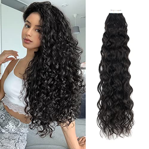 ABH AMAZINGBEAUTY HAIR Semi-permanent Pre-taped Double Sided Tape in Curly Hair Extensions Human Hair Real Remi Glue in Extensions Jet Black 20 Inch 50 Gram 20pcs
