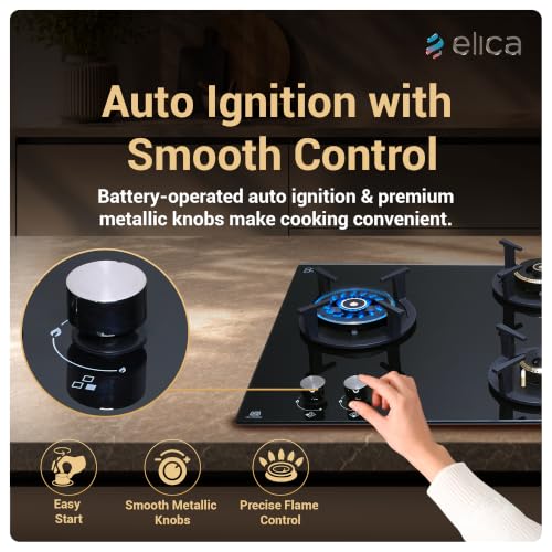 Image of Elica 90 cm 4 Burner Auto Ignition Hob | RG FLEXI DFS AB 4B 91 TX | 8 mm Toughened Glass, Direct Vertical Flame Brass Burners, Fully Sealed Burner Design, 2 Year Comprehensive Warranty