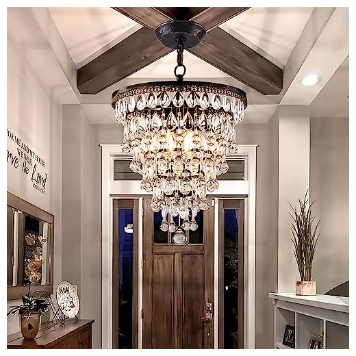 PAPAYA Farmhouse Raindrop Crystal Chandelier 4-Light Vintage Ceiling Light Fixture Gold on Bronze Hanging Pendant Lighting