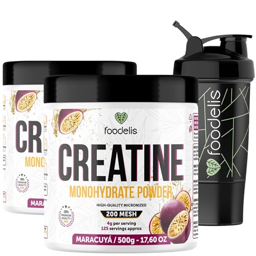 Foodelis Creatina Monohidratada en Polvo – Sabor Maracuyá – 100% Creatina Micronizada – Alta Pureza – Sin Aditivos – Vegana – Alta Solubilidad – Incluye Dosificador (1 kg + Mezclador)
