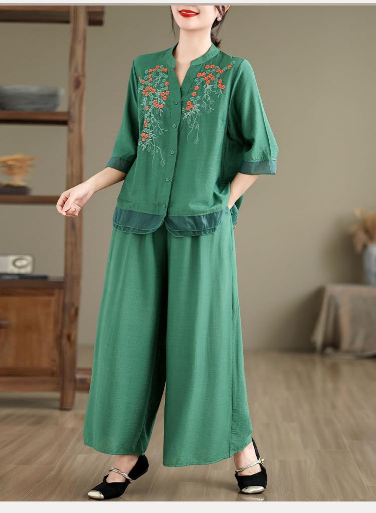 PRINCESS BRIDE Conjunto de lino de 2 piezas para mujer, camisa bordada de manga 3/4 y pantalones de pierna ancha, conjunto de verano a juego