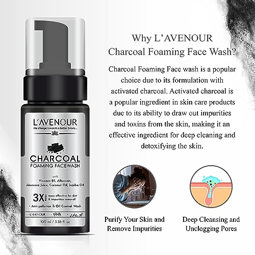 Image of L'avenour Charcoal Foaming Face Wash for Pollution & Oil Control with Activated Charcoal Powder, Aloe Vera, Coconut Oil, Jojoba Oil, For Men & Women - 100ml