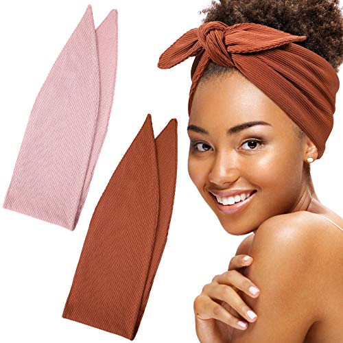 2 Pieces Headband Wrap Ribbed Headbands for Women Wide Ribbed Stretch Headband Bow Headband Solid Color African Headband Elastic Turban Running Headbands for Girl (Pink and Brick Red)