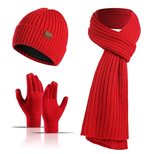 Ommda Herren Wintermütze Schal Handschuhe Set Warme Schal Strickschal Dick Fleecefutter Beanie Touchscreen Handschuhe Set für Damen und Herren rot Cover