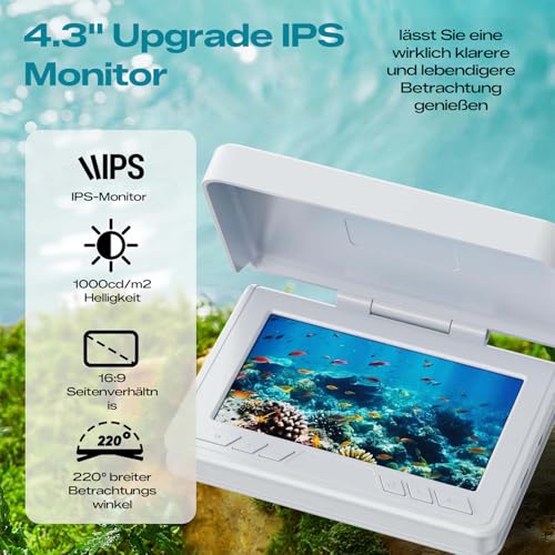 FourQ Unterwasser-Angelkamera, 220° Ultra-Weitwinkel Video-Fischfinder mit 4,3 Zoll HD LCD-Monitor, 5000mAh Akku, 30m wasserdichtem Kabel & IR-Nachtsicht für EIS-, See-, Boots- und Kajakangeln