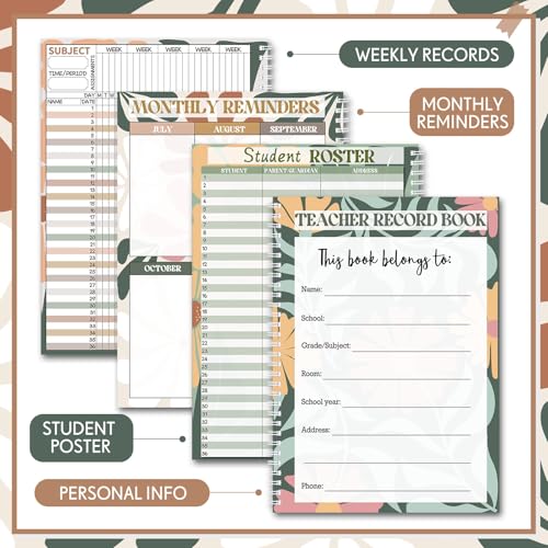 Fuyoooo Teacher Record Book 2026-2027 Spiral Bound Grade Book for Teachers Lesson Planner Attendance Books for School Classroom 8 x 11 Double Sided Boho Flower Design Teacher Appreciation Gift - Image 4