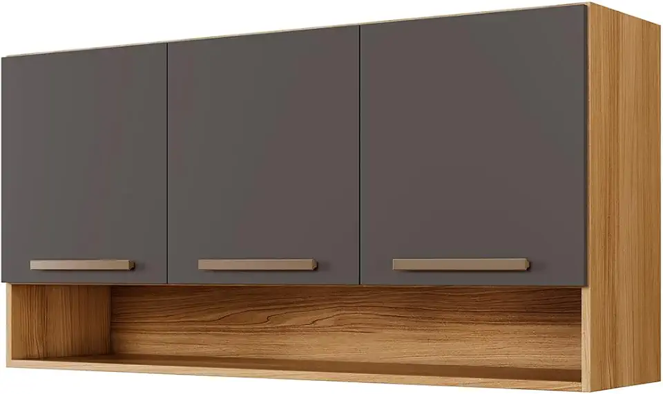 Armário Aéreo Suspenso Multiuso de Parede 3 Portas Plus (Grafite/Cinamomo)