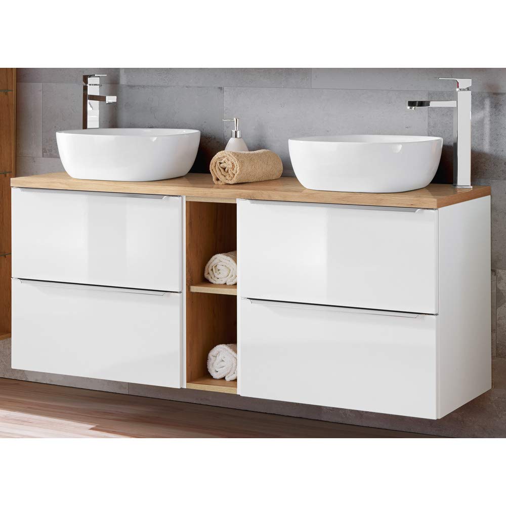 Lomadox Doppel-Waschtisch Set, Unterschrank Hochglanz weiß Wotaneiche, 2 Keramik-Waschbecken, 4 Softclose-Schubkästen, Regal, B/H/T ca.: 141/74,5/46 cm