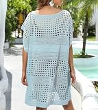 REOCHEL Womens Oversized Swimsuit Crochet Swim Cover Up Summer Bathing Suit Swimwear Knit V Neck Beach Dress,Blue