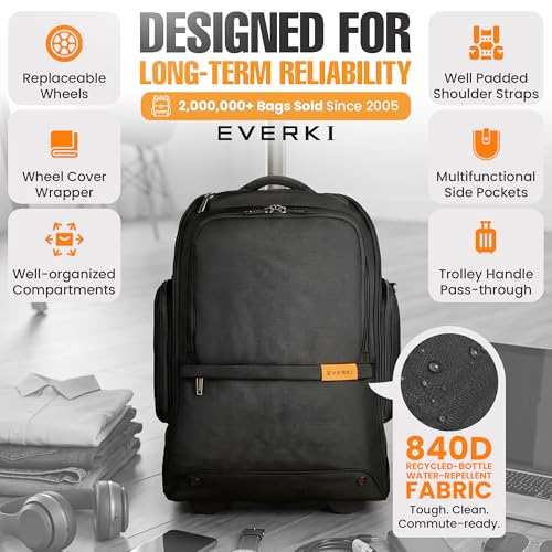 Image of EVERKI 123 Wheeled 32L Laptop Backpack - Rolling Backpack for Men & Women - Carry-On Travel Roller Backpack for Laptops - Fits 15.6 to 16 Inches with Replaceable Wheels for Business & Work - Black