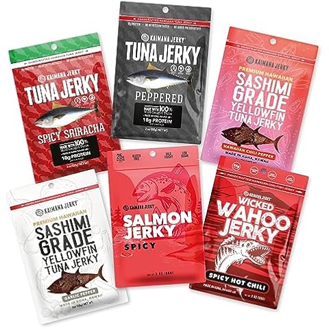 Kaimana Jerky Variety Pack - Ahi Tuna, Salmon, and Wahoo Ono Fish Jerky - Spicy Hot Flavors - All Natural & Wild Caught -Made in Hawaii - Protein Packed & Good Source Of Omega-3's - Gift for Dad - Military Care Package - Best Father's Day Gifts for Him - 6 Bags Cover