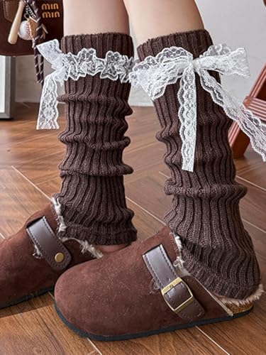 Image of RoseSeek Women's Y2K Bowknot Ribbed Knit Leg Warmers Lace Lolita Pile Boot Socks Kawaii Accessories