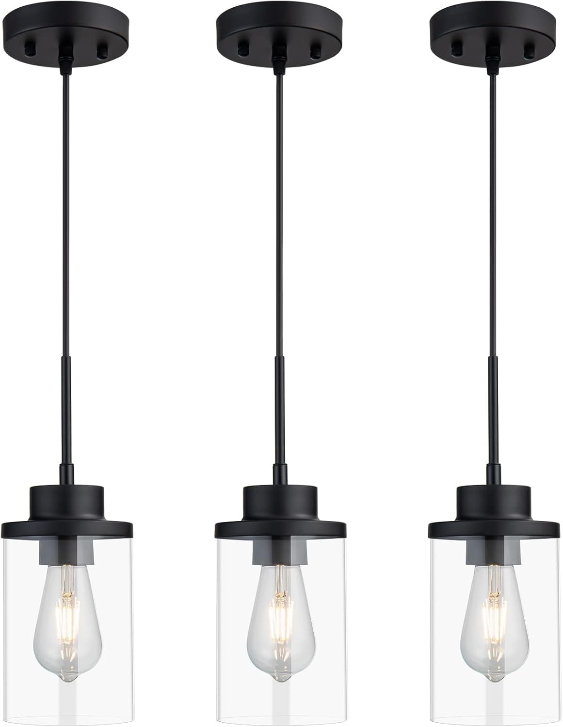 Modern Black Farmhouse Clear Glass Cylinder Pendant Light Fixture, Single Hanging Pendant Lighting for Kitchen Island, Dining Room, Bedroom & Hallway(3 Packs)