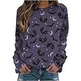 Blusas delgadas y lindas de Halloween para adolescentes, niñas, de manga larga, cuello redondo, calabaza, castillo, luna, gato, tops para jóvenes, Morado (, L