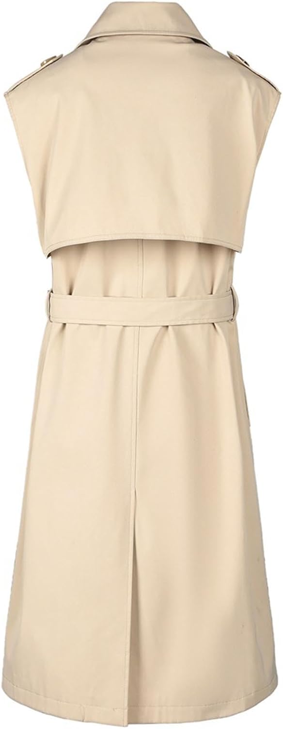 HGps8w Women's Chic Sleeveless Long Trench Coats Classic Lapel Double Breasted Mid-Length Belted Overcoat Dress Jacket