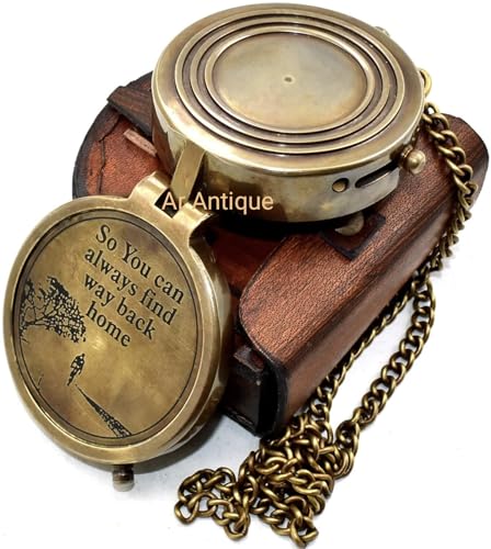 Brújula de Bolsillo de Latón Grabada con Estuche de Cuero - Vintage Náutica, Regalo Personalizado Único para Hombre, Camping y Senderismo miniatura 2