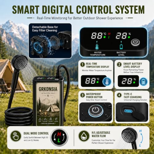 Ducha portátil con calentador, carga solar USB, depósito de agua apto para alimentos, bomba de ducha portátil 6000mAh y calentador de inmersión 1500W con apagado automático para exteriores, camping y senderismo miniatura 6