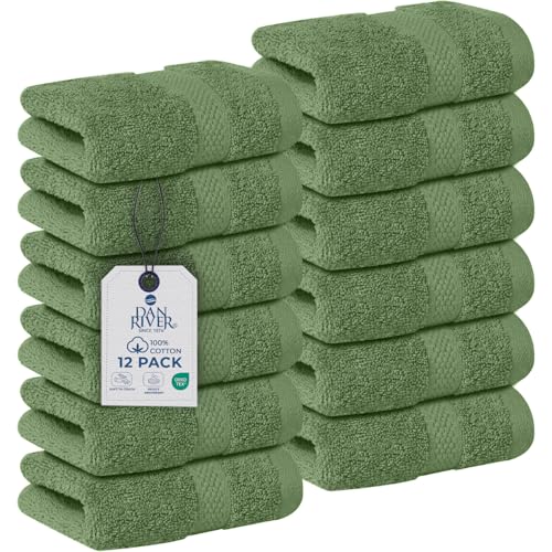 Image of DAN RIVER 12-Pack Premium 100% Cotton Sage Green Face Towels for Bathroom - Reusable Face Wash Cloths for Showering 12x12 Inches - 550 GSM Super Soft & Absorbent Luxury WashCloths for Body, Spa & Gym