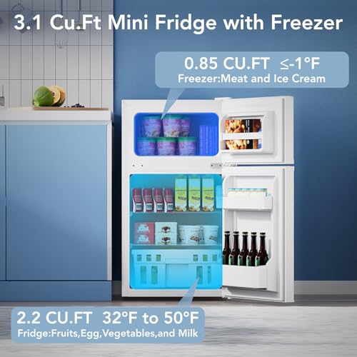 Image of Electactic Mini Fridge with Freezer, 3.2 Cu.Ft Compact Refrigerator with 2 Doors, Small Fridge with Adjustable Thermostat & Removable Glass Shelves for Bedroom, Office, Dorm, or Apartment, White
