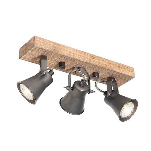 Qazqa rústico Lámpara de techo rústica negra madera 3-luces - JELLE/Acero Alargada Adecuado para LED Max. 3 x 8 Watt