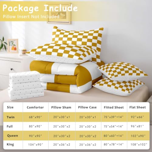 Image of Feelyou Checkered 7 Piece Bedding Set Teen Yellow White Plaid Decoration Comforter Set with Sheets Queen Size Kids Boys Cute Retro Neutral Grid Geometric Bed in a Bag Vintage Aesthetic Room Decor