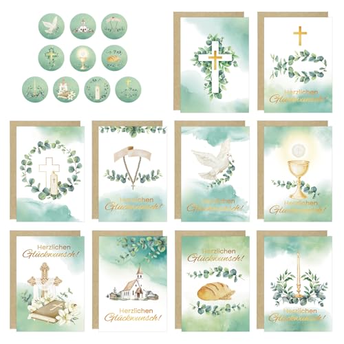 10 Set Kommunionskarten A6, Glückwunschkarten mit Umschlägen und Stickern Klappkarten zur Kommunion Taufe Konfirmation Firmung für Mädchen Jungen