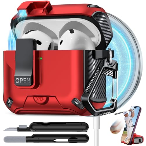 Image of for AirPods 4 Case with Lock (Red) | Compatible with MagSafe,with Phone Stand,with Automatic Snap Switch Carbon Fiber Design Protection Cover with Cleaning Pen