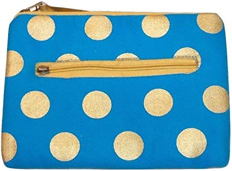 Deluxe Lined Fabric Zipper Pouch or Clutch ~ Blue with Gold Circles and Zippers (9.25" x 6.5")