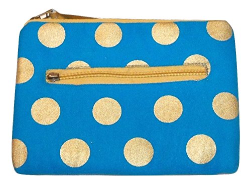 Deluxe Lined Fabric Zipper Pouch or Clutch ~ Blue with Gold Circles and Zippers (9.25" x 6.5")