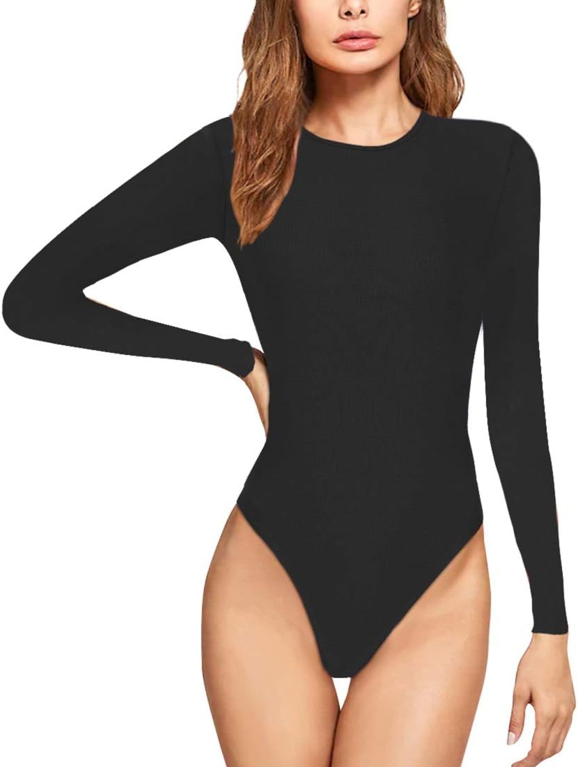 JudyBridal Women's Basic Long Sleeve Bodysuit Scoop Neck Leotard Stretchy Top (M, Black)