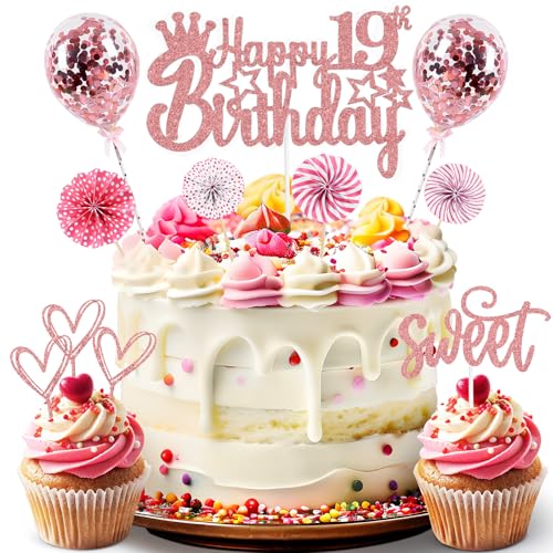 ZWWsullo Cake Decoration Rosegold 19 Años Niñas Niños Feliz 19º Cumpleaños Cake Topper Glitter Cake Topper Confetti Globos 19 Cumpleaños Cake Decoration Glitter CakeTopper