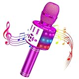 Wowstar Micrófono de karaoke para niños, inalámbrico, Bluetooth, karaoke con luces LED, portátil, karaoke, micrófono dinámico para iPhone, Android y PC, regalo para adultos y niños (morado)