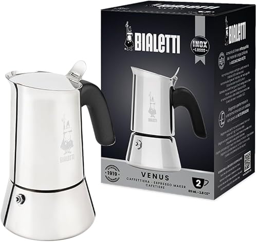Bialetti – New Venus, máquina de café espresso de acero inoxidable, apta para todo tipo de estufas, 2 tazas (85 ml), aluminio, plateado (No apta