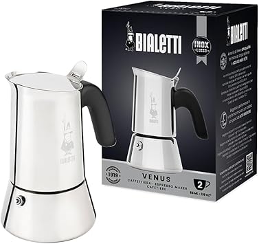 Bialetti - New Venus, stainless steel espresso coffee machine, suitable for all types of stoves, 2 cups 85 ml, aluminium, silver Not induction safe