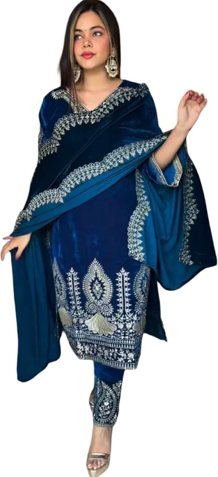blue fringe mini dress Traditional Navy Blue Velvet Dress With Dupatta