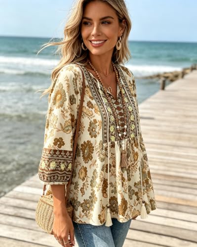 Image of Vivilli Womens Summer Boho Babydoll Tops 3 /4 Sleeve Pleated Peplum Blouses Casual V Neck Tie Front 2026 Tunic Tops