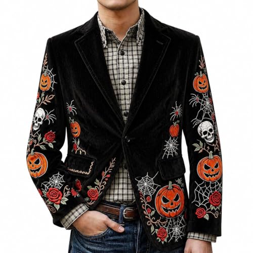 Mens Halloween Corduroy Blazer Pumpkin Spider Skull Printed Sleeves Jacket - image 1