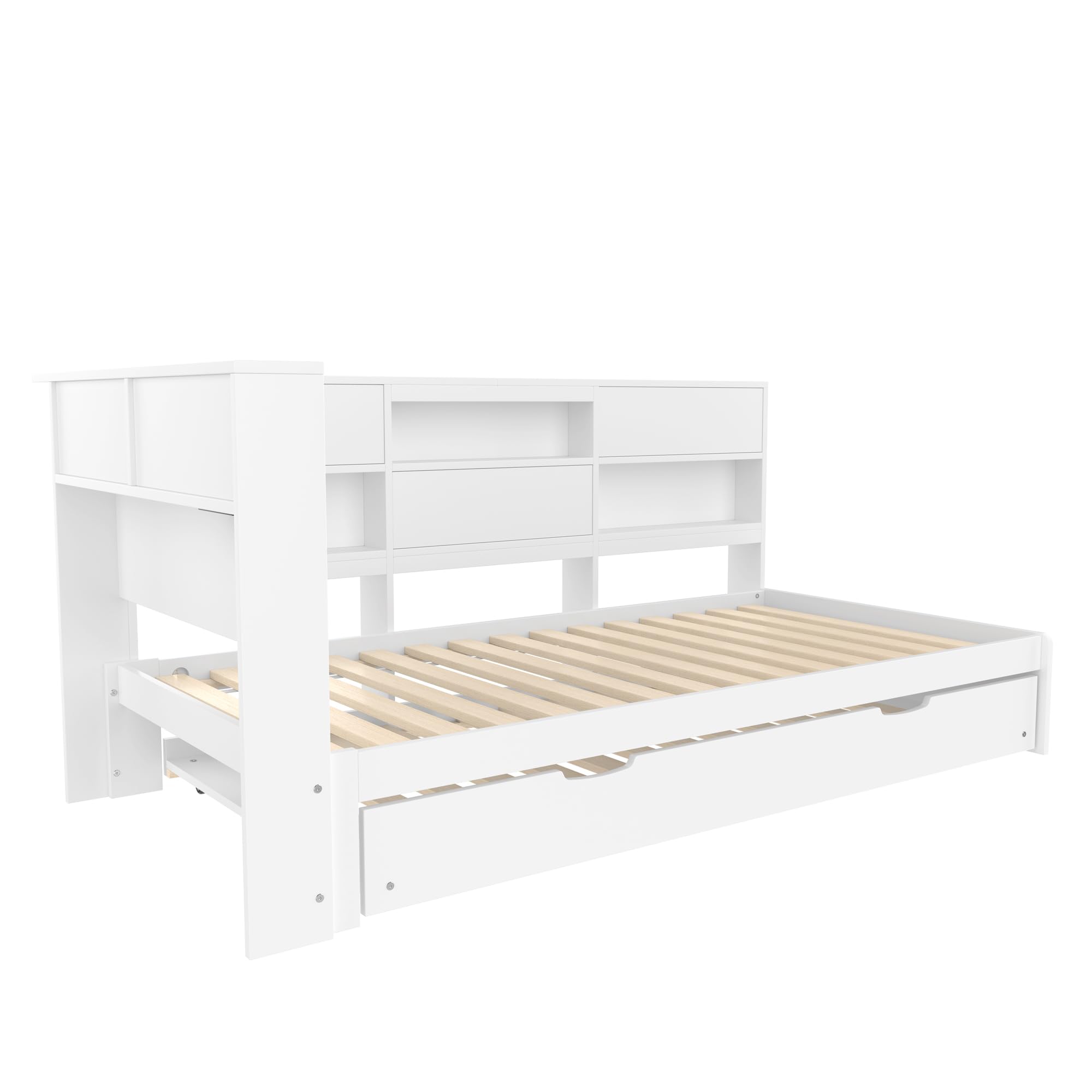 Divano letto, 90 x 200 cm, testiera con vano portaoggetti, letto estraibile, senza materasso, bianco