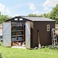 Breezz 10X8FT Outdoor Steel Storage Shed with Clear Window, Lockable Doors, Weather-Resistant Metal Tool Shed for Garden, Backyard, Patio, and Utility Storage Brown